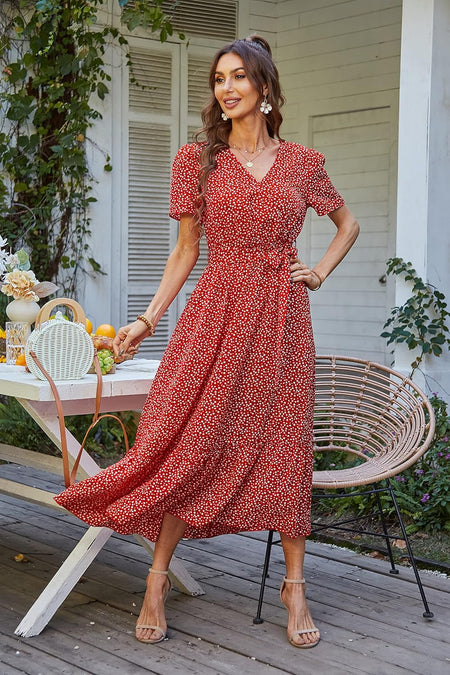 Women'S Floral Summer Dress Wrap V Neck Short Sleeve Belted Ruffle Hem A-Line Bohemian Maxi Dresses