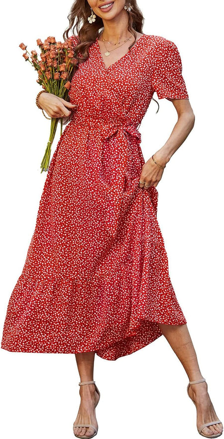 Women'S Floral Summer Dress Wrap V Neck Short Sleeve Belted Ruffle Hem A-Line Bohemian Maxi Dresses