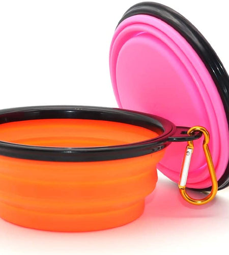 Collapsible Dog Bowls, 2 Pack, Portable Pet Feeding Watering Dish for Traveling with Carabiners (Small, Orange+Pink)